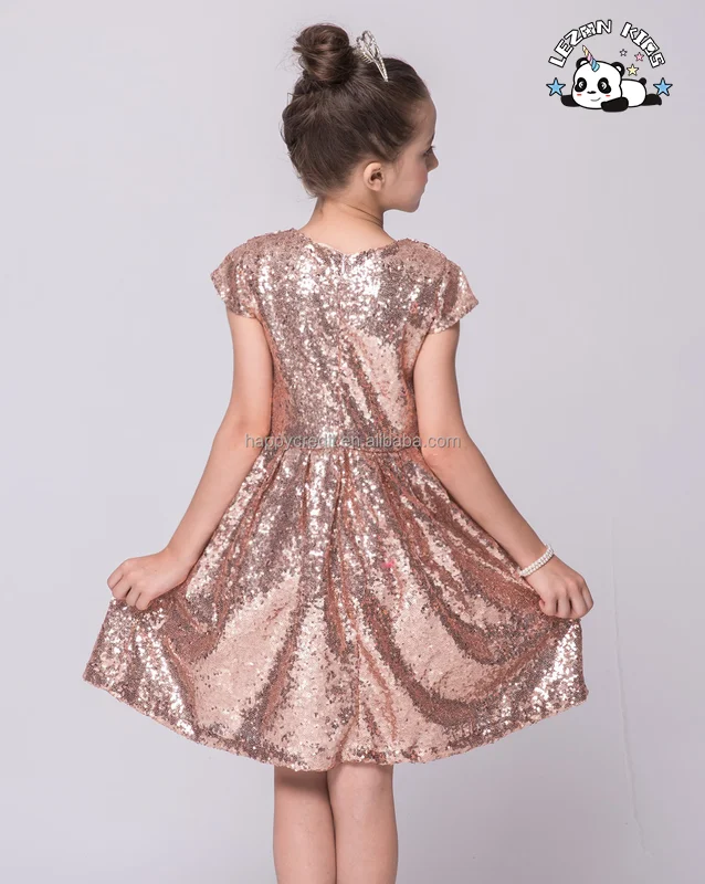 LEZONKIDS - Customizable Hot Selling Short Sleeved Sequin Fabric Dress Pure Color Round Neck Party Princess Girls Dresses